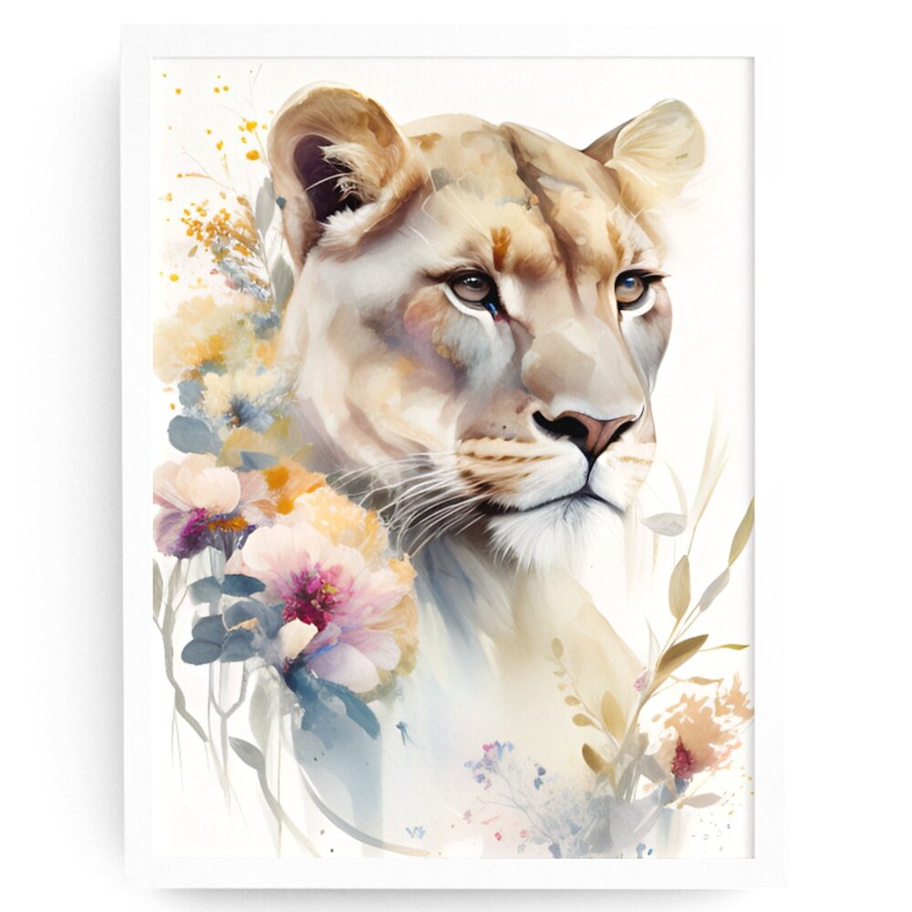 Cute Floral Lioness Watercolor Wall Art Illustration Print Poster Card Unframed